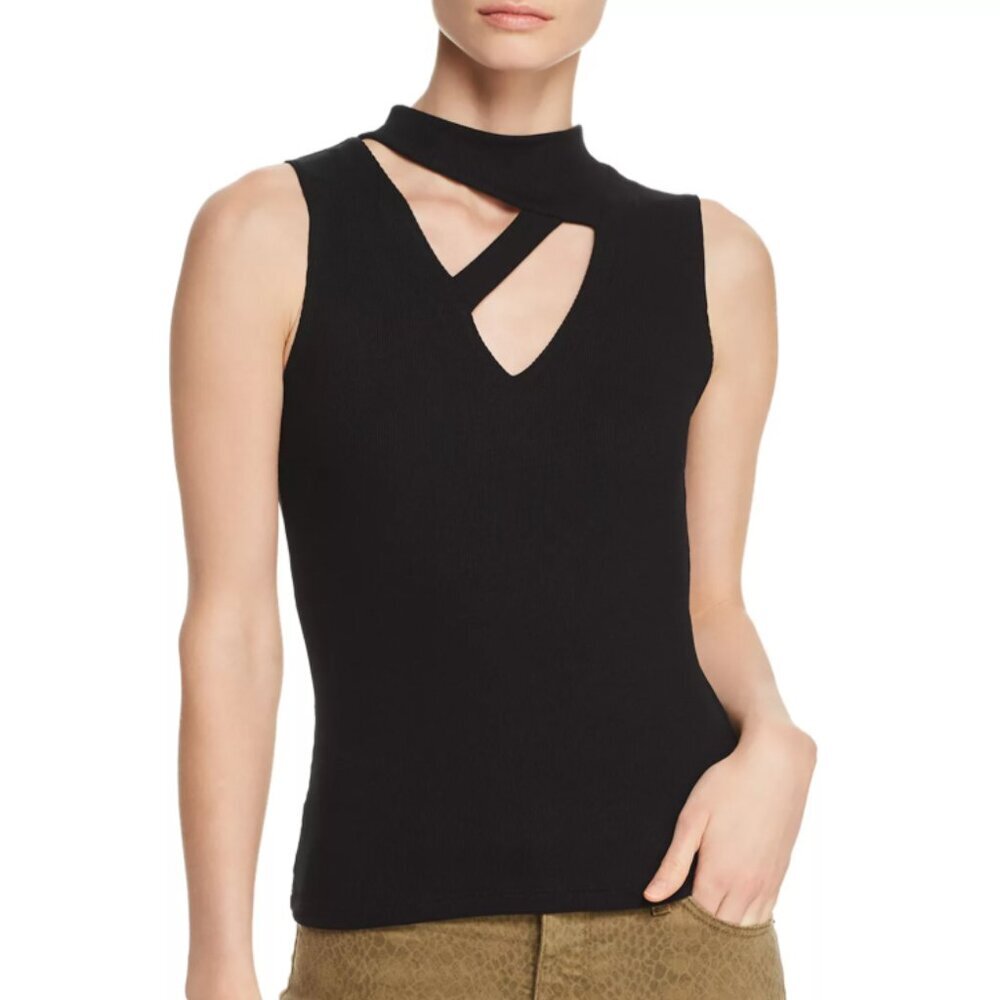 LNA Thea Ribbed Cut-Out Tank Sleeveless Top Asymmetric High Collar Ribbed